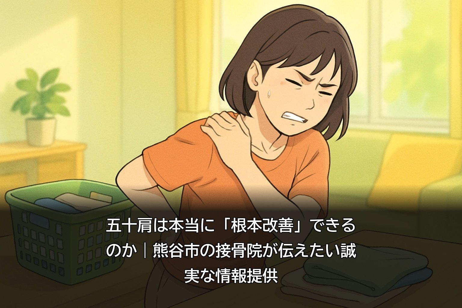 熊谷市のリビングで洗濯物を畳みながら肩に手を当てる女性