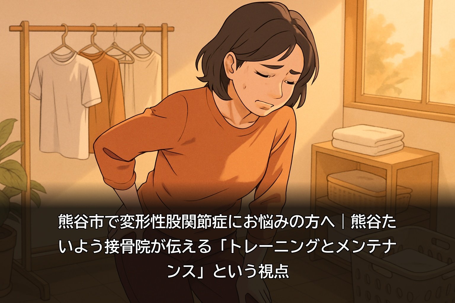 熊谷市で介護職の女性が股関節の痛みに悩む様子のイメージ
