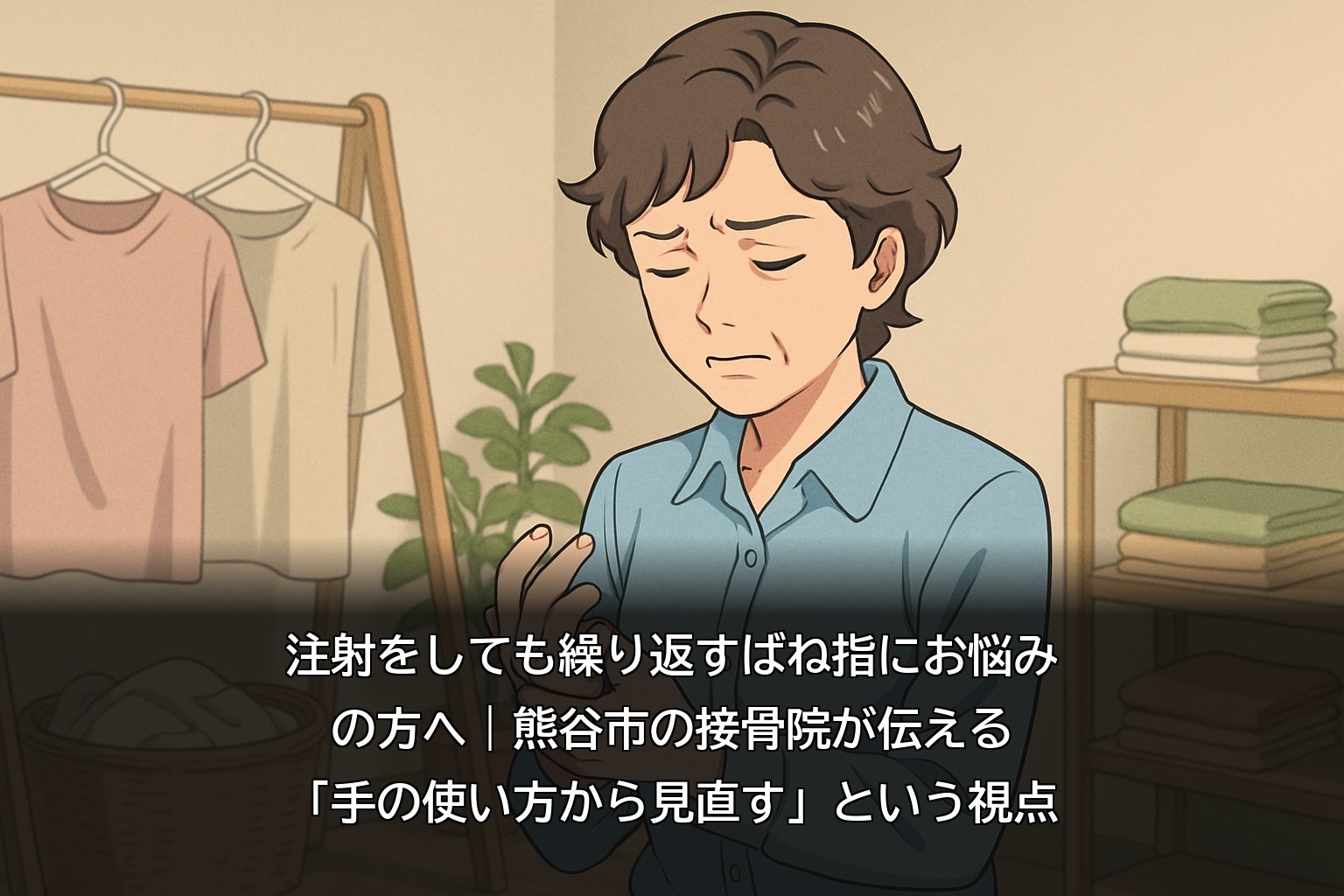 熊谷市の接骨院でばね指の相談をする様子（手の付け根の引っかかりを確認）